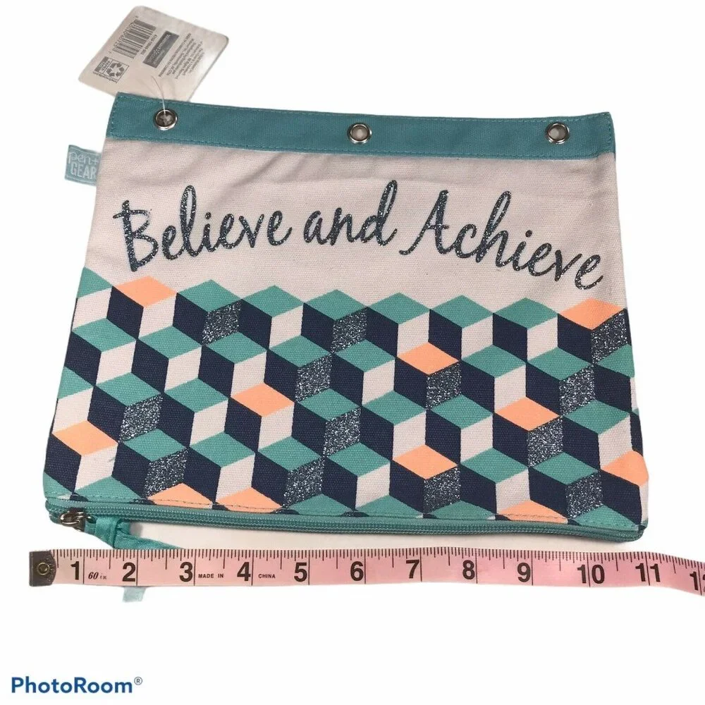 Pen and Gear Canvas Binder Pouch “Believe and Achieve” Blue 11” X 9” New